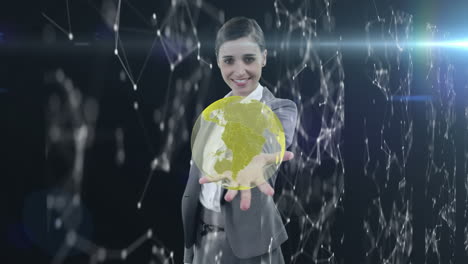 animación de una mujer de negocios tocando el globo con una red de conexiones