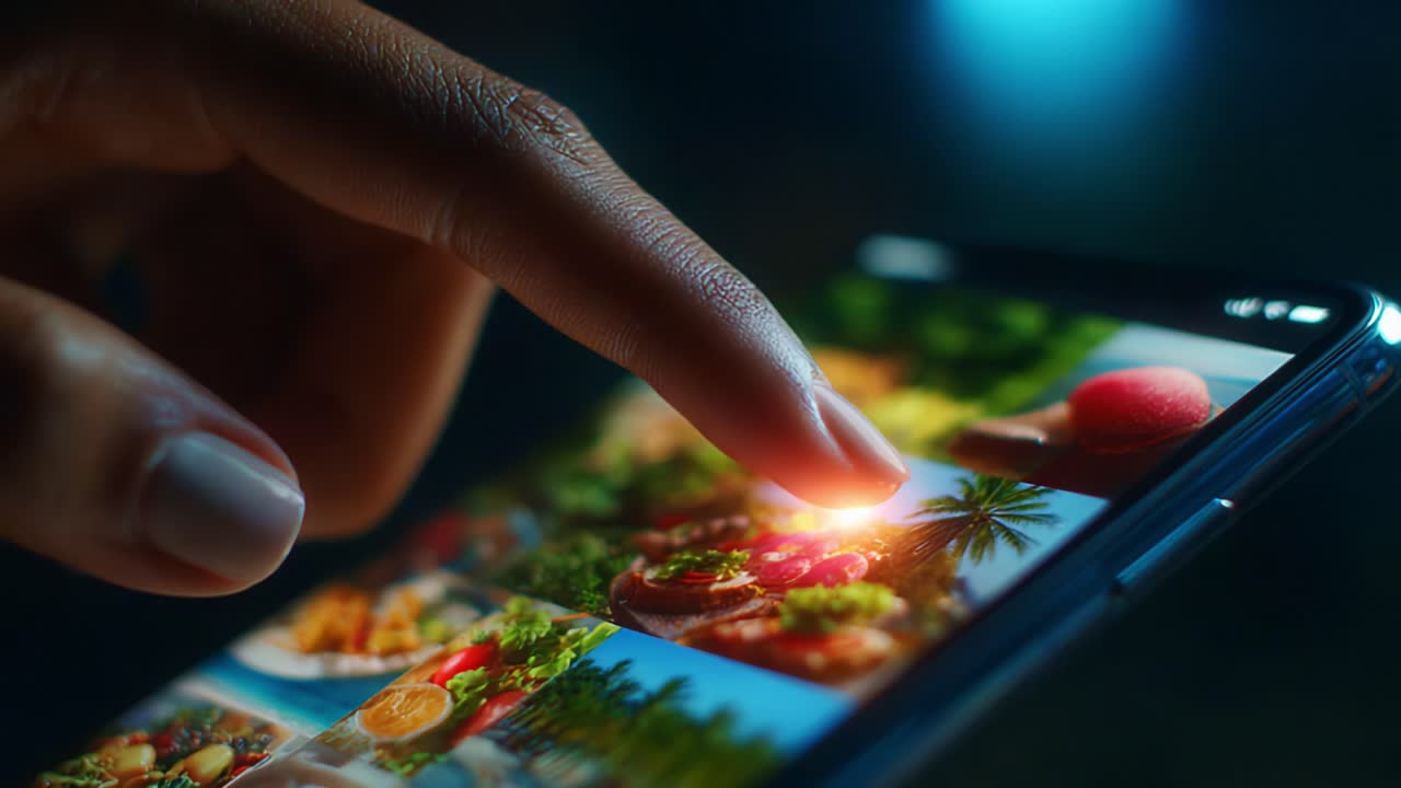 Engaging Interaction with a Smartphone Display Featuring Appealing Food Images, Highlighting the Joy of Selecting Delicious Dishes through Touch Technology for a Culinary Experience