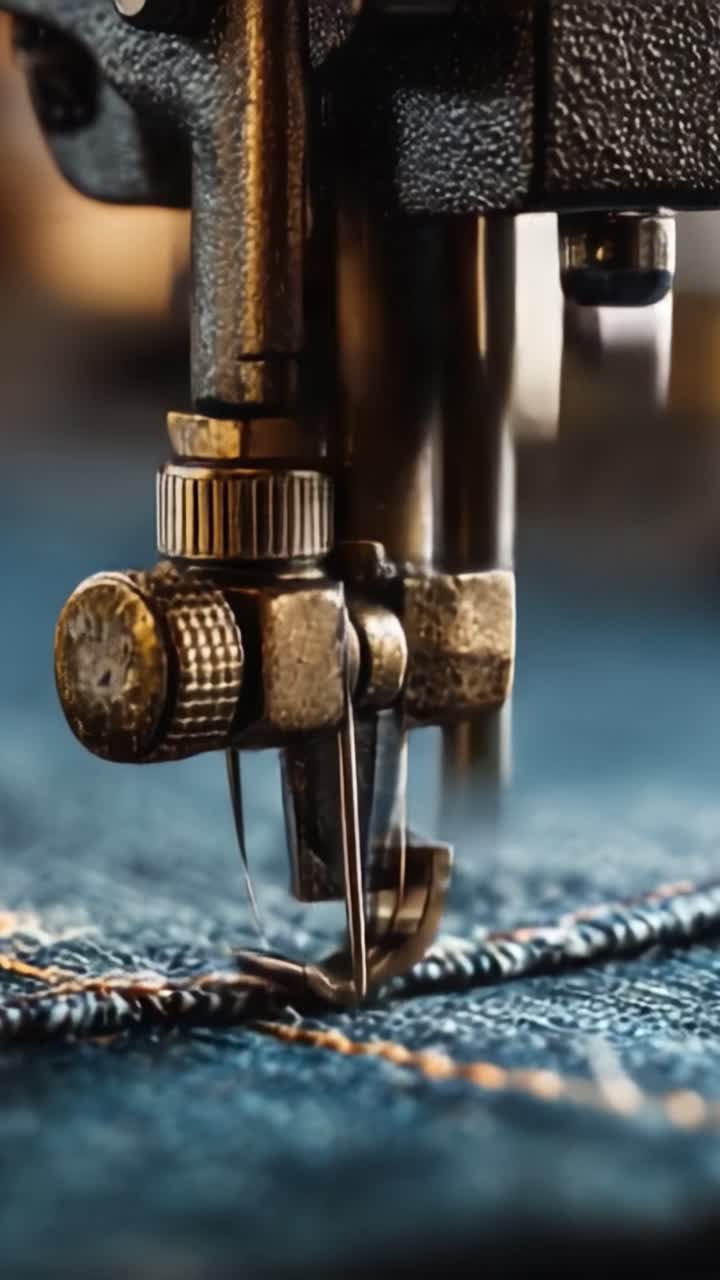 Close-Up of a Sewing Machine Needle in Action on Denim Fabric Highlighting Precision Seamwork and Time-Honored Craftsmanship in Garment Construction