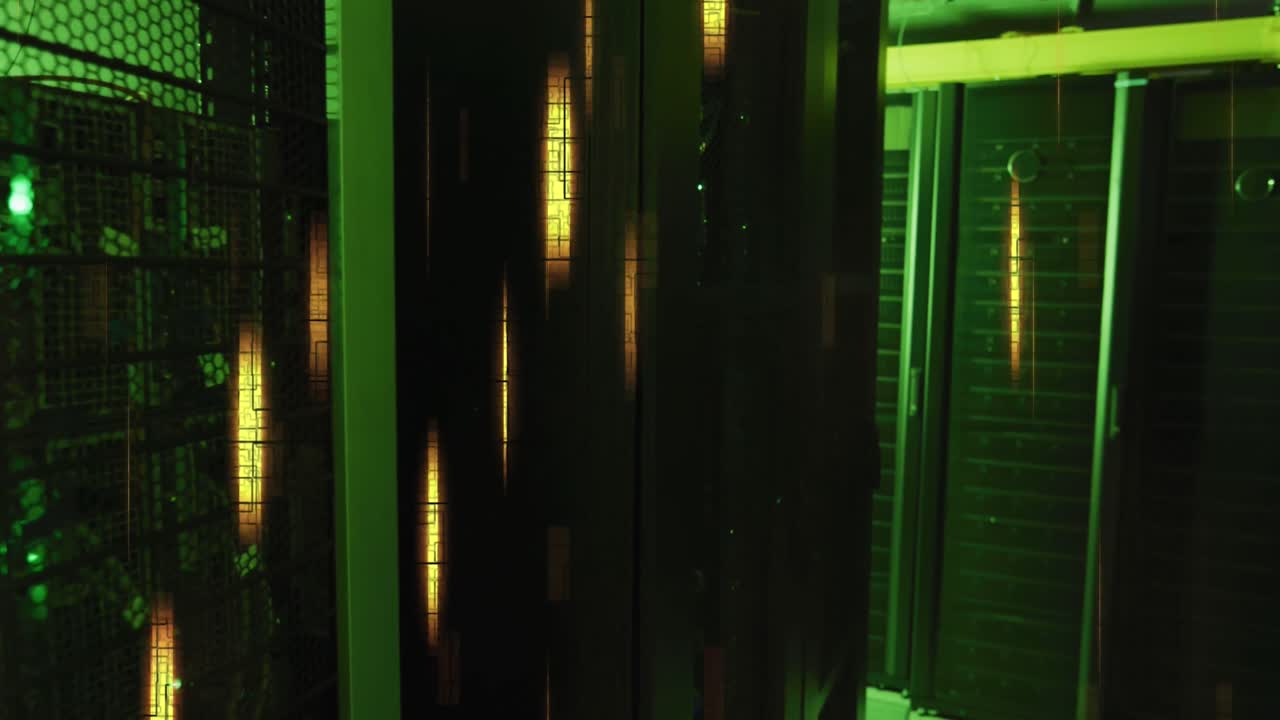 Animation of illuminated lights moving over data server systems
