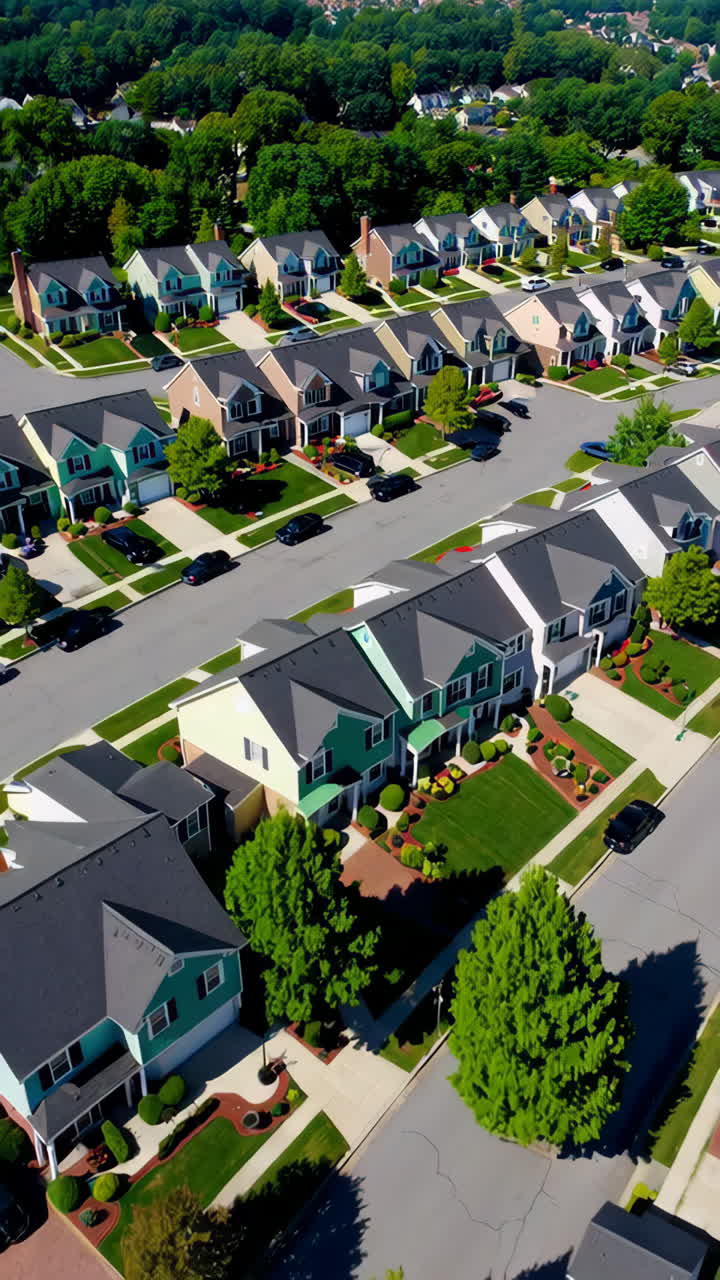 Aerial view of a colorful suburban neighborhood with houses and trees