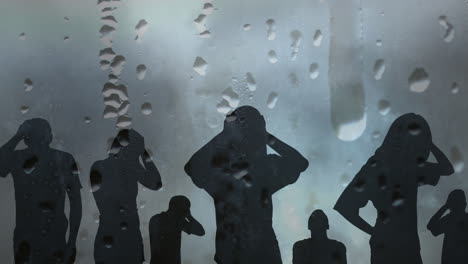 사람들이 머리를 들고 있는 실루 위에 물방울과 번개가 떨어지는 애니메이션