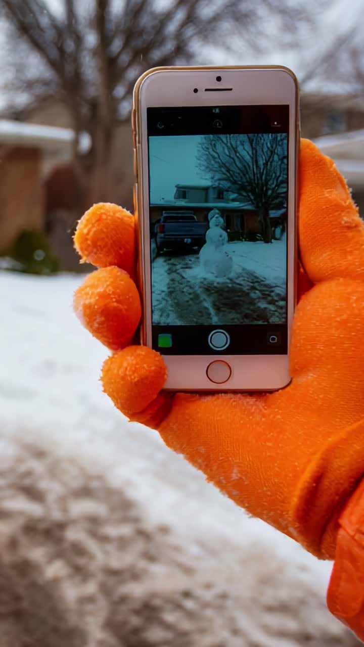 Capturing a Winter Moment: Close-Up of a Hand Wearing an Orange Glove Holding a Smartphone with a Snowman Displayed on the Screen Against a Snowy Background