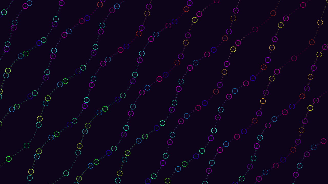Futuristic waves pattern with rainbow rings and dots on black gradient