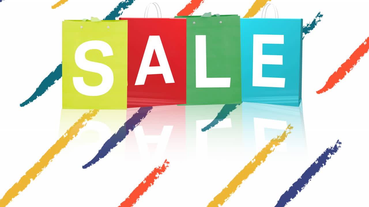 animación del texto de venta en bolsas de compras multicolores y trazos coloridos sobre fondo blanco