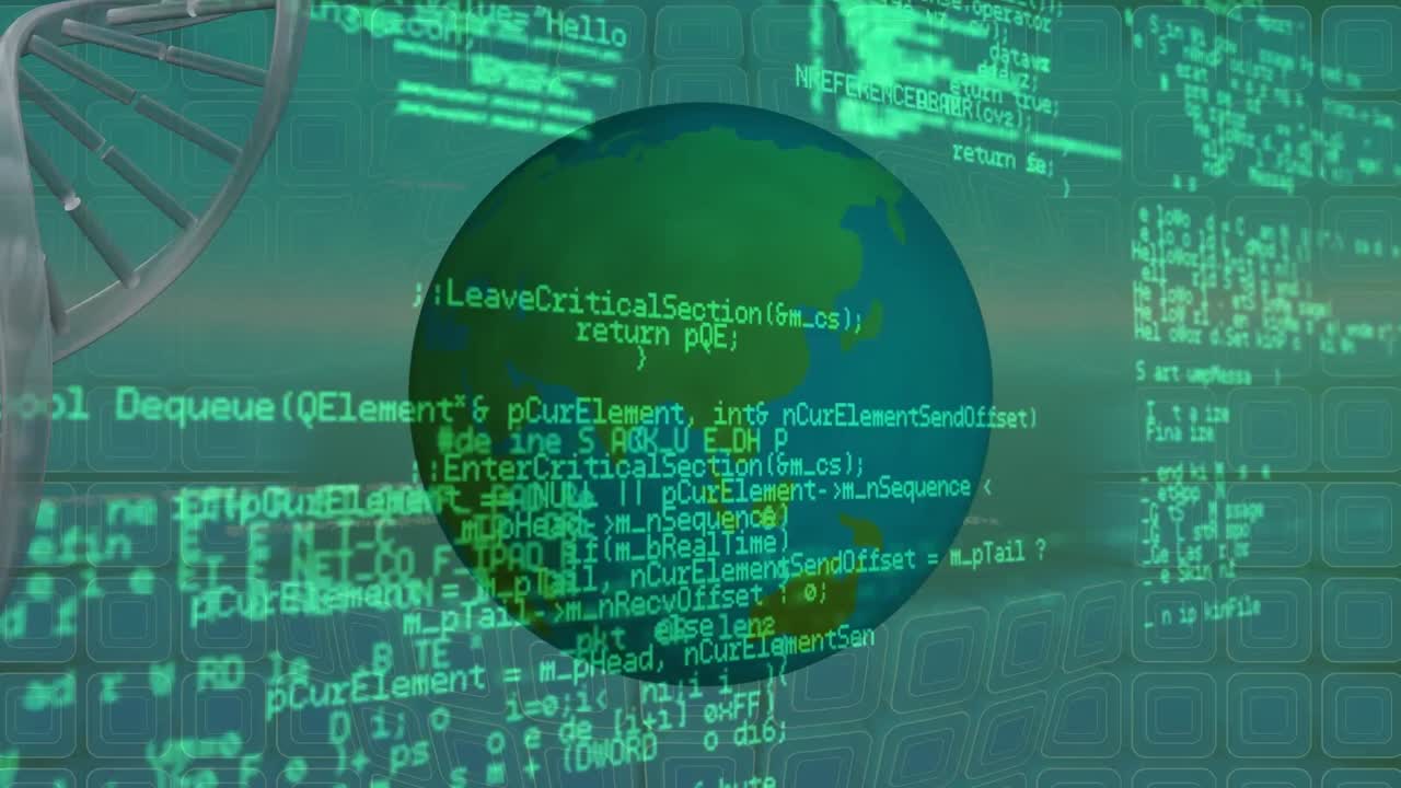 animación de la estructura del adn girando y procesamiento de datos sobre un globo giratorio en fondo verde