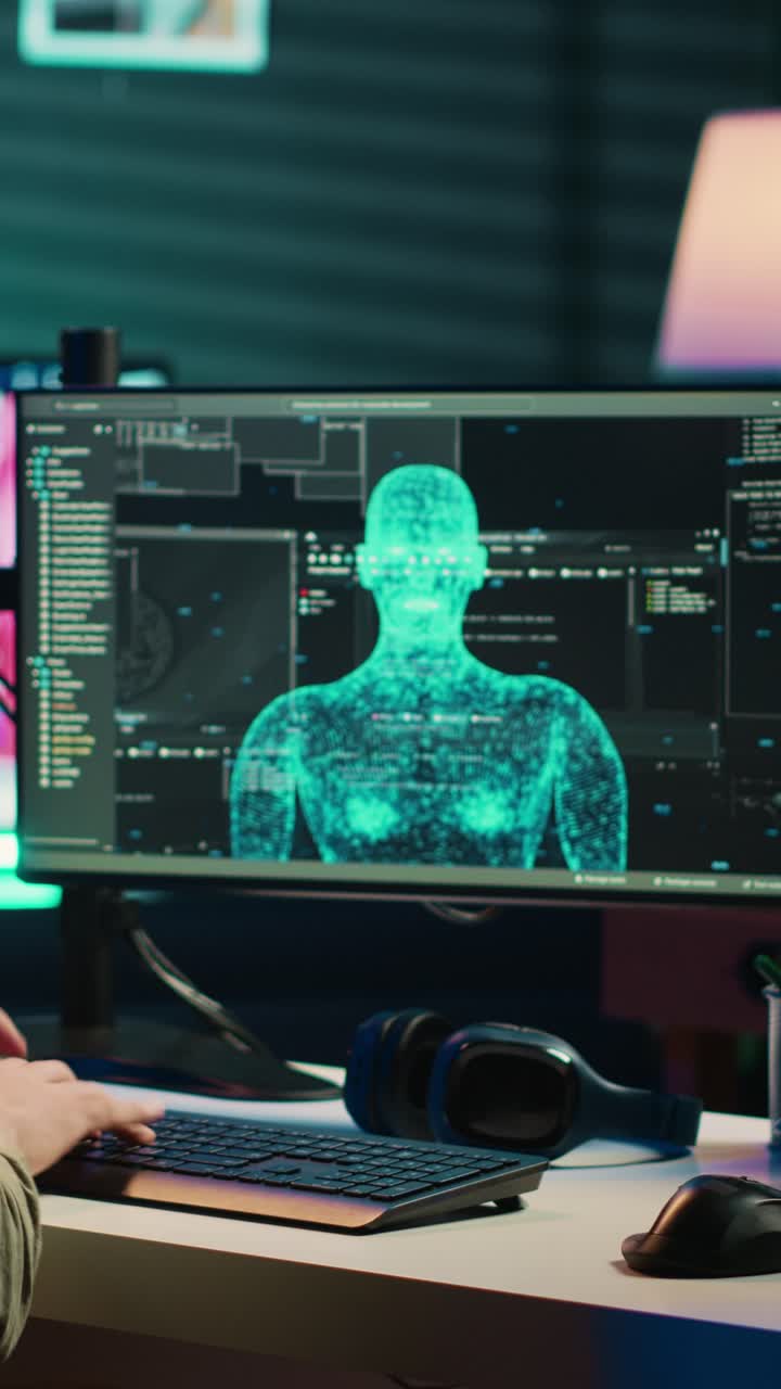 Programmer Working on Computer with 3D Human Body Model | Premium Stock ...
