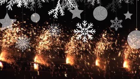 Animation-of-fireworks-and-christmas-decoration-on-black-background