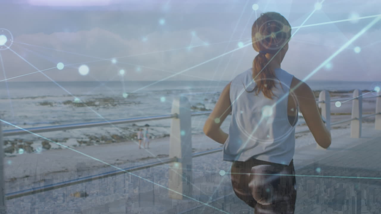 animación de la red de conexiones sobre la mujer afroamericana corriendo