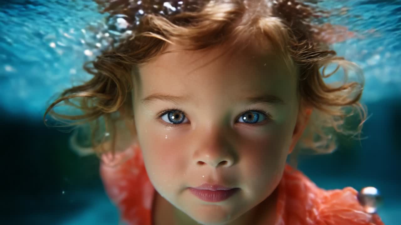 A Captivating Moment Beneath the Waves: Exploring the Serenity and Innocence of a Young Child Submerged in Water, Capturing the Essence of Youthful Curiosity and Playfulness in a Beautiful Underwater Scene