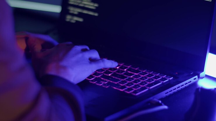The hacker is typing fast on the keyboard due to the approach of the police