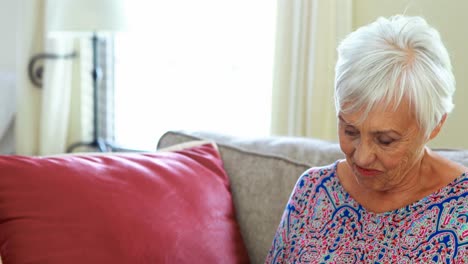 Smiling-senior-woman-using-laptop-in-living-room