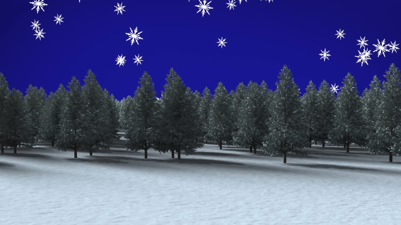 겨울 풍경 에 있는 여러 나무 들 이 파란색 배경 에 떨어지는 눈송이 들 위 에 있다