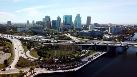 aerial tampa florida with river and traffic in foreground