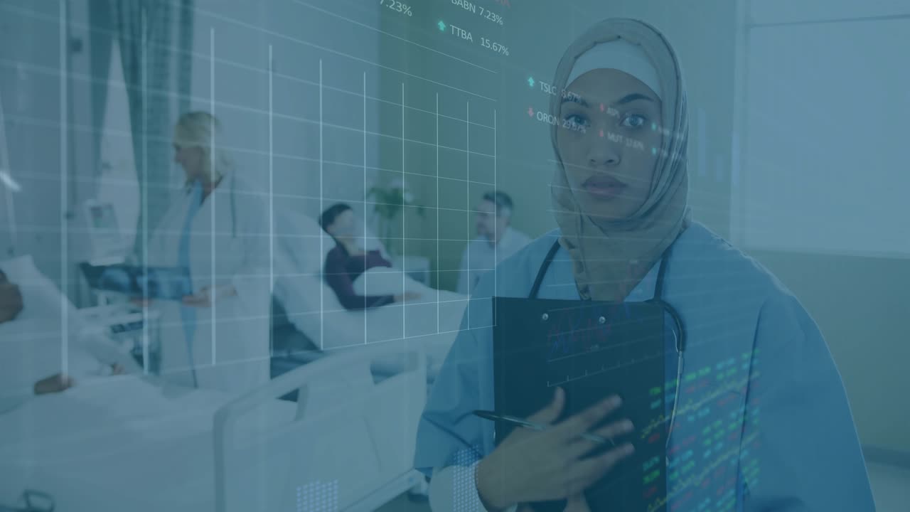 Infermiera che prende appunti su una cartella clinica in ospedale, medico che controlla i parametri vitali avviando grafici di dati medici.