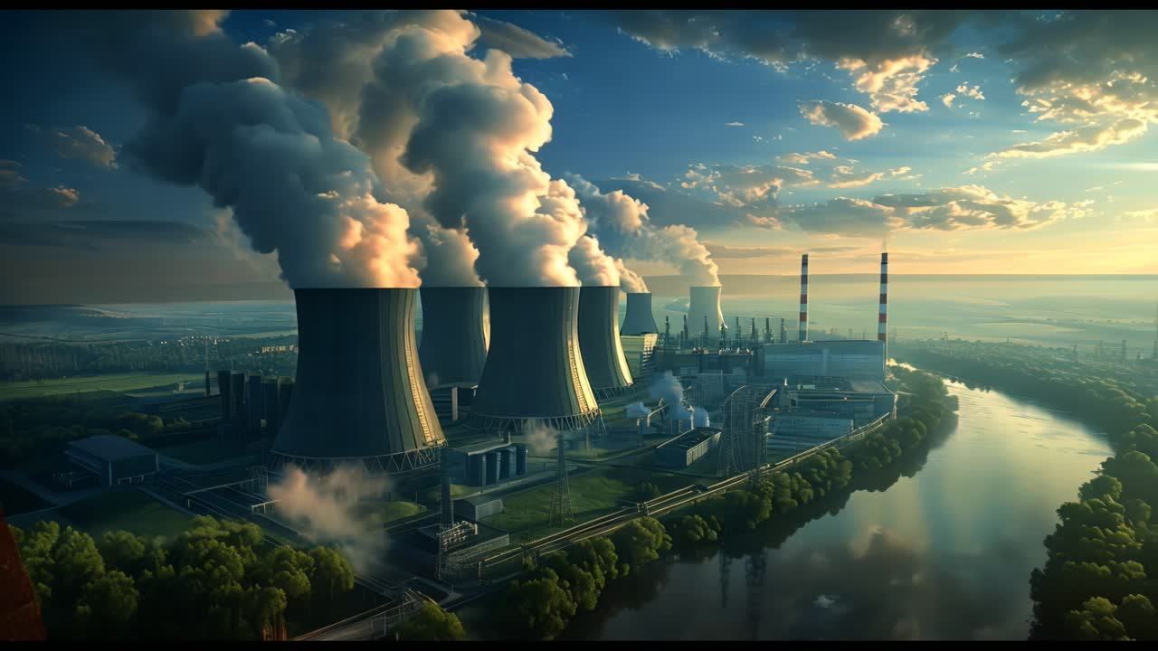 A power plant with four smokestacks is shown in the sky