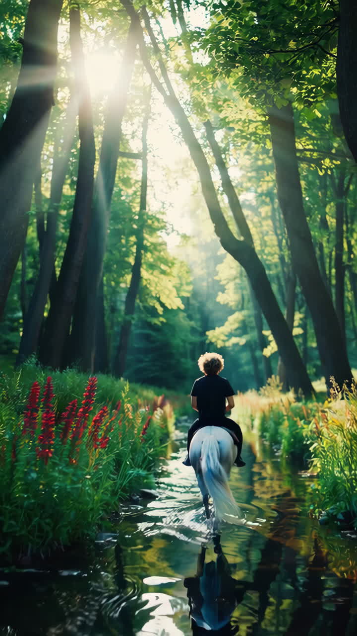 Horseback Ride Through a Sunlit Forest Stream