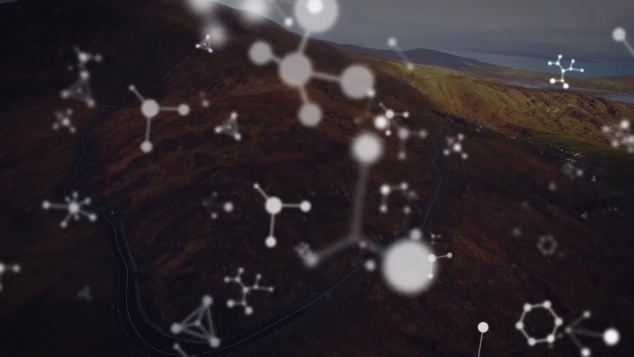 animación de moléculas que caen sobre el paisaje marino