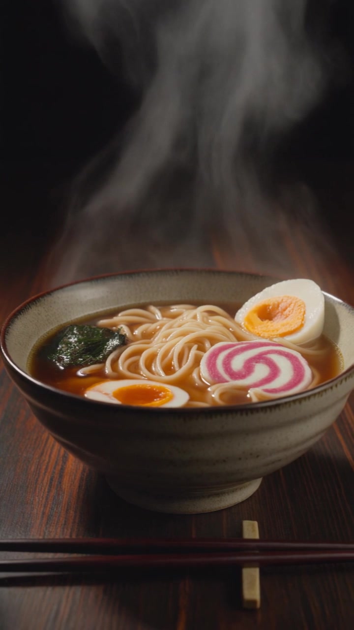 Ciotola fumante di ramen giapponese caldo con uovo e tortino di pesce