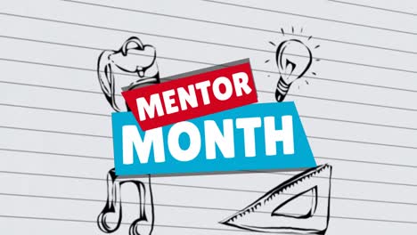 Mentor-month-text-banner-over-multiple-school-concept-icons-against-white-lined-paper-background