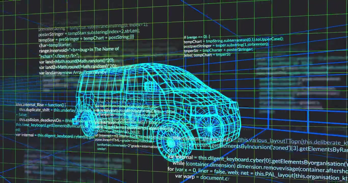 Animation starting cyan 3D van drifting above neon grid, scrolling code overlaying for simulation