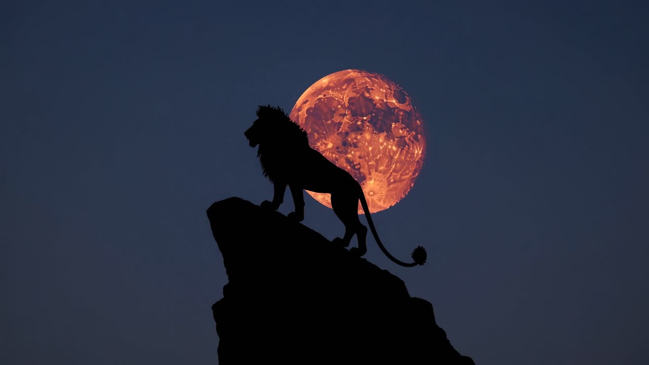 león en un pico rocoso por la noche con una luna roja