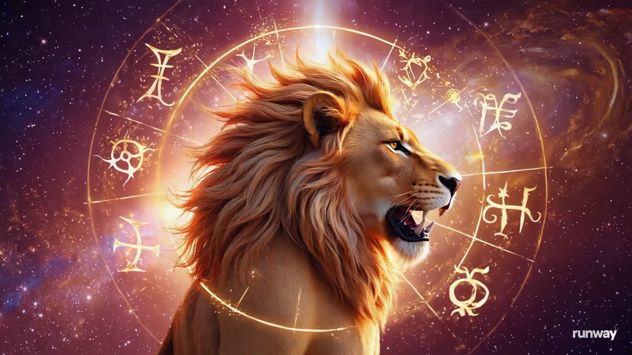 Majestic Lion with Zodiac Symbols in Cosmic Space