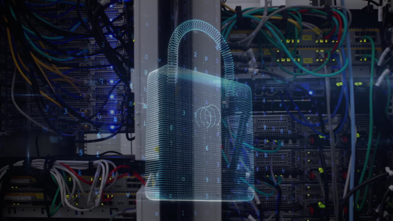 Animation of data processing with cyber attack warning over padlock and computer server
