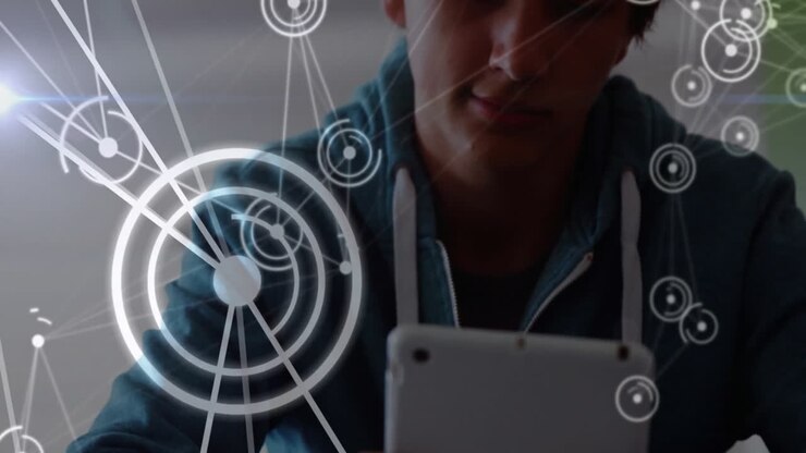 Using tablet, person with hoodie over futuristic network connections animation