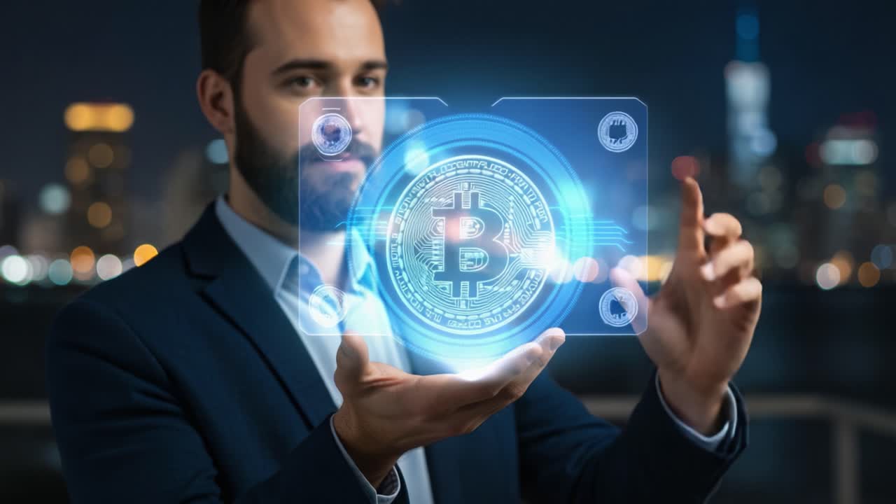 A Businessman Engaging with a Futuristic Bitcoin Interface, Showcasing Blockchain Technology Against a City Skyline at Night, Emphasizing Digital Currency Innovation