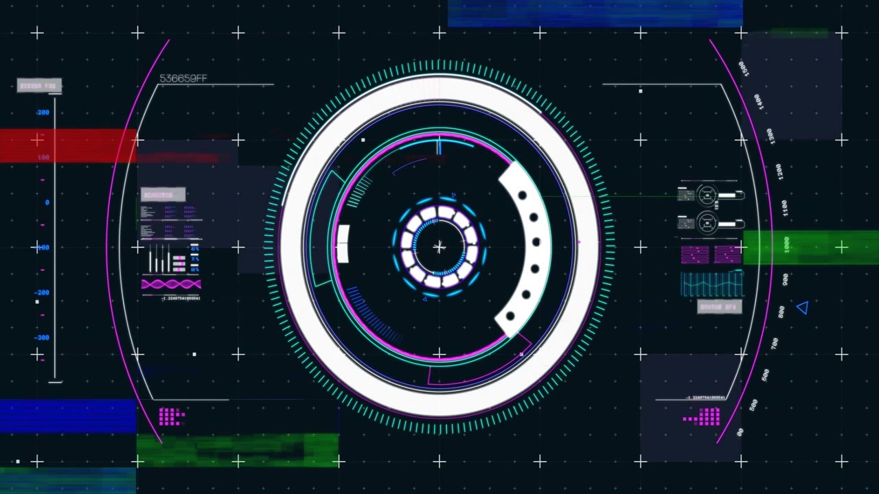 Dark grid initiating HUD rotating rings while colored bars sliding and pulsing visualizing data