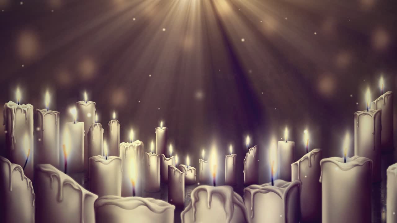 Molte candele tremolanti con raggi di luce dorata e particelle che cadono