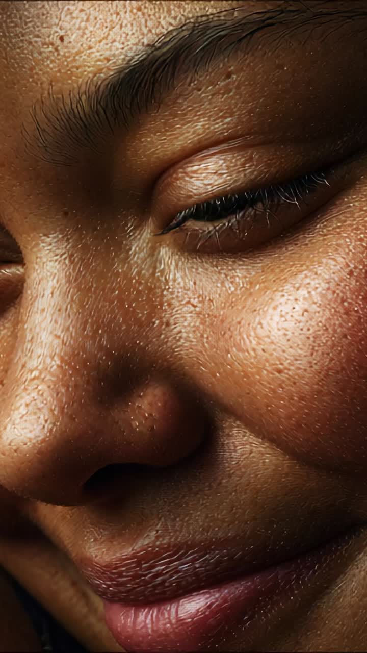 Close-up of a woman's face highlighting vibrant skin texture and expressive eyes, showcasing natural beauty and emotion in a captivating visual experience