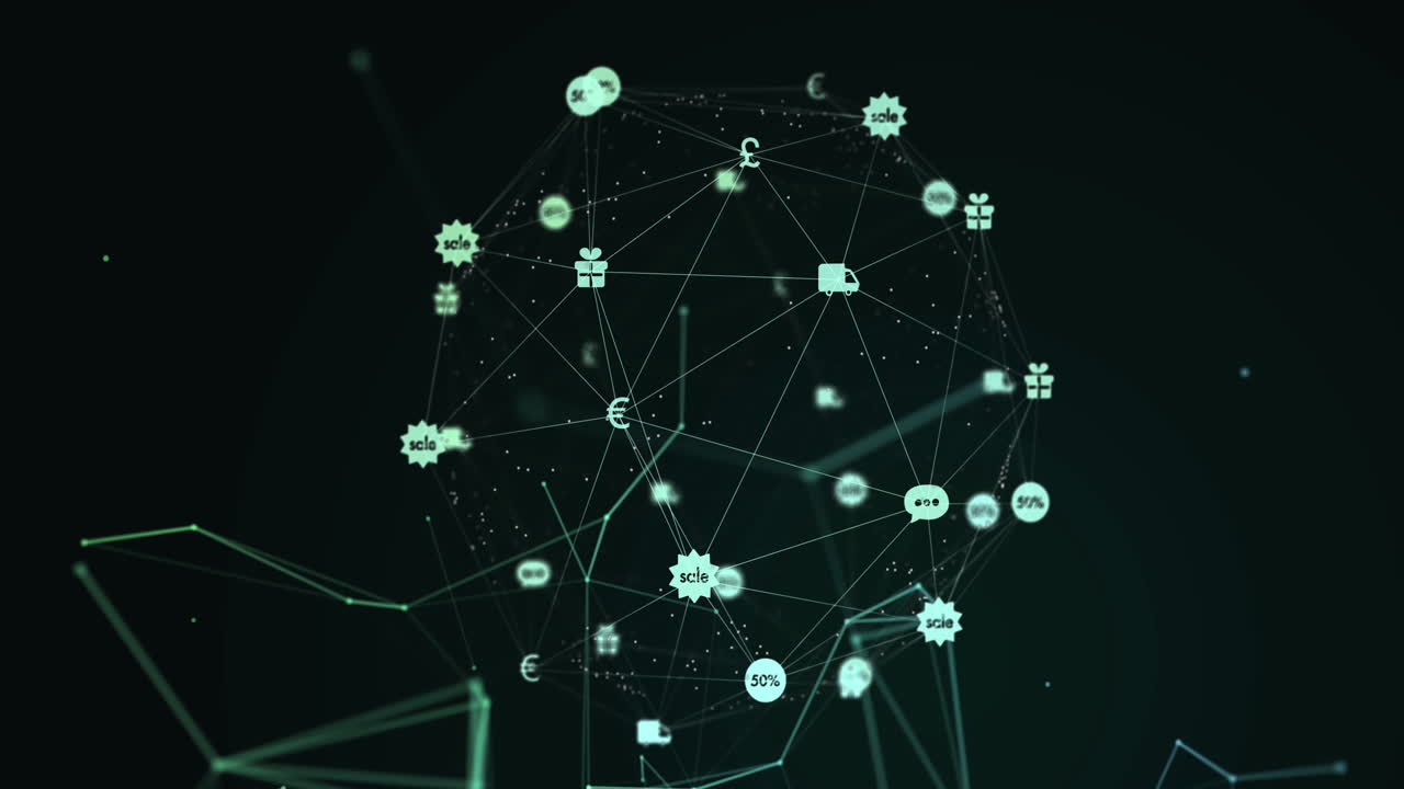 Digital animation of global financial network with green icons.