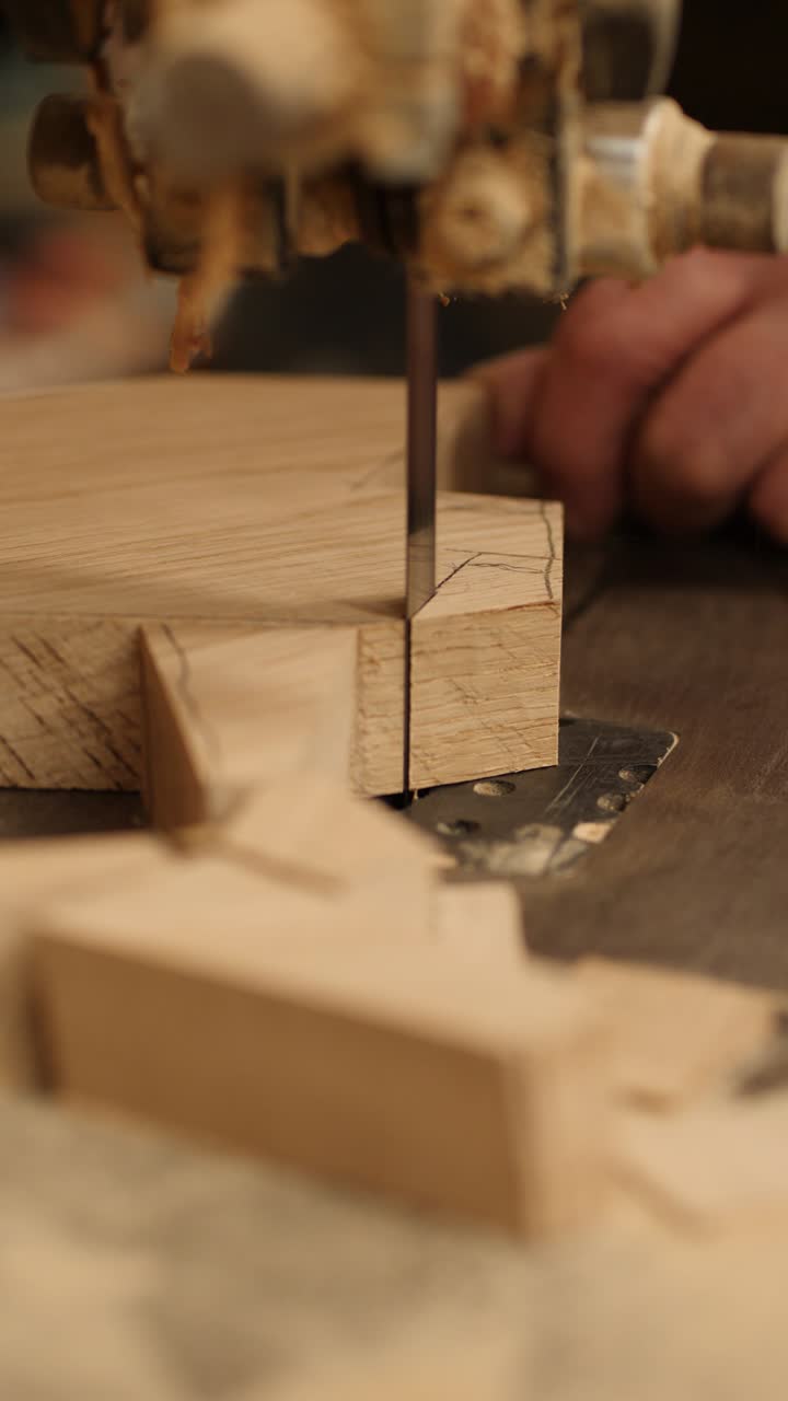 Close-up of a band saw cutting oak wood in a shipwright's workshop