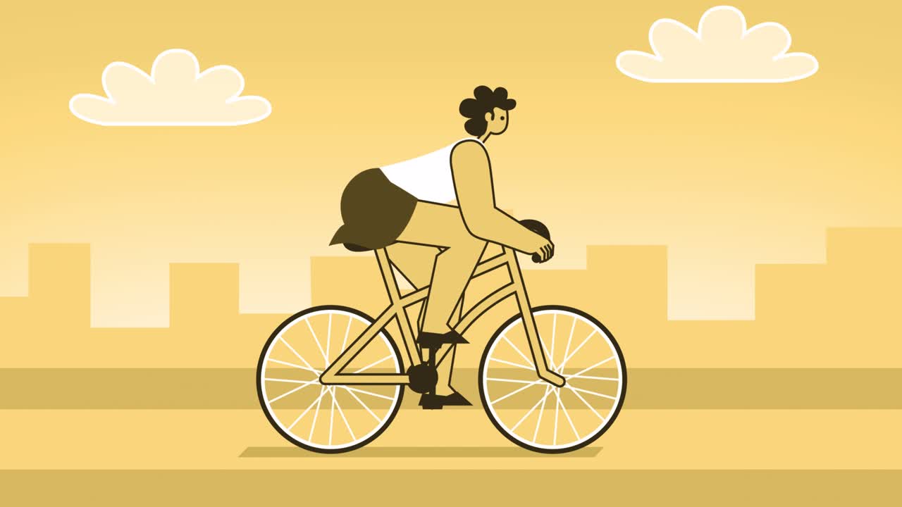 노란색 스타일 여성 평평한 캐릭터 속도 라이딩 자전거: 알파 채널과 함께 고립된 루프 애니메이션