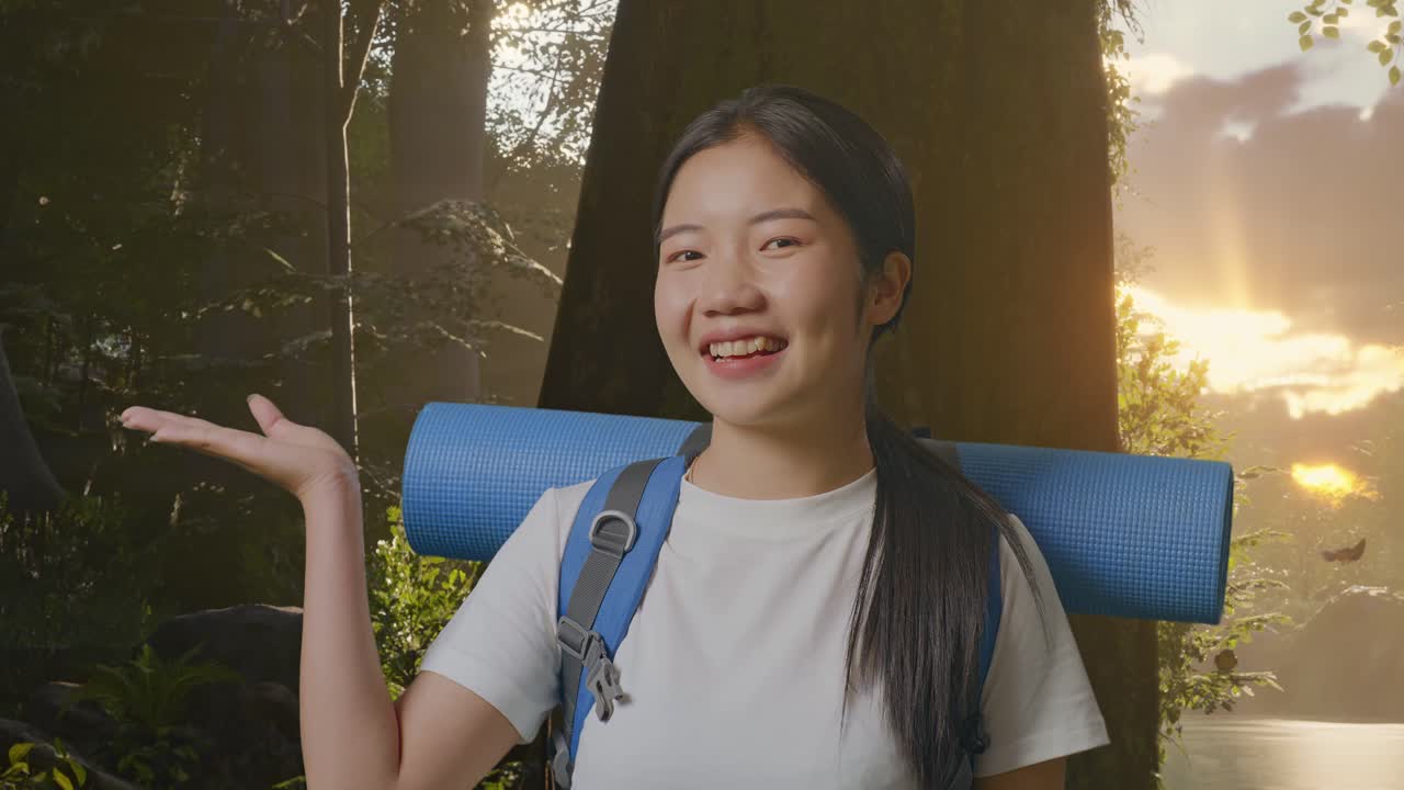 숲에서 산책하는 미소 짓는 여자