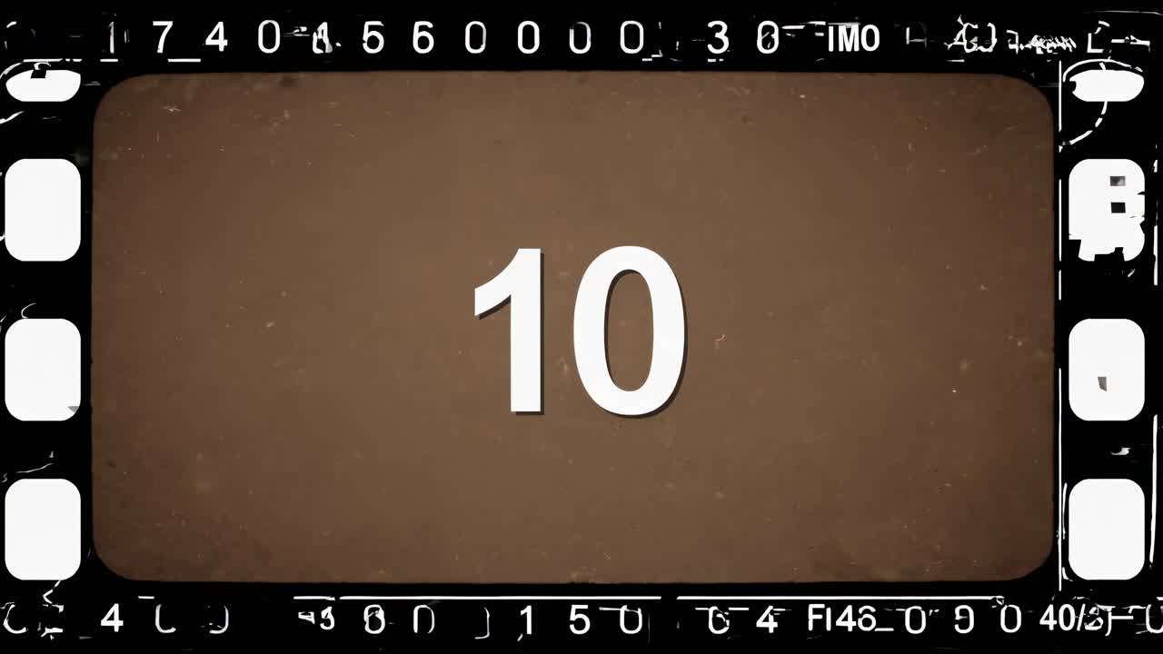 Retro video countdown with a vintage film reel frame. Centered camera angle focuses on the number 10
