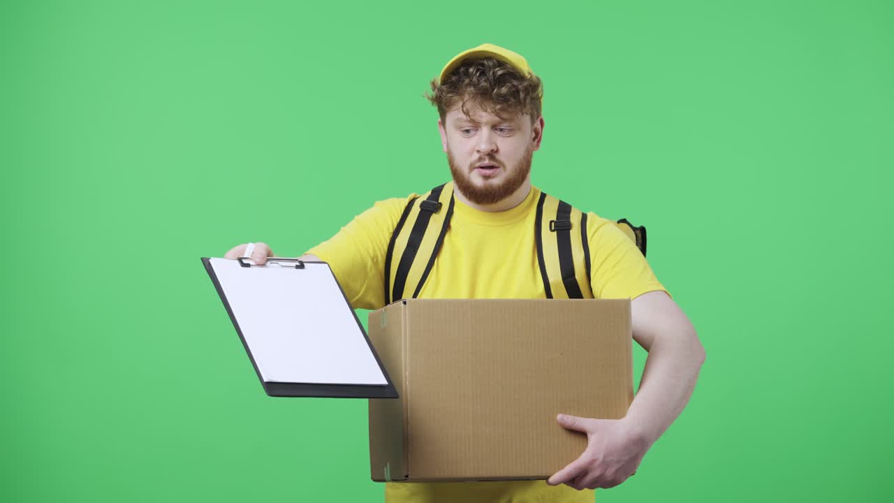 Portrait of men indignantly showing black folder with delivery documents. Redhead male in yellow delivery courier uniform with thermo bag posing on green screen. Close up. Slow motion ready 59.97fps