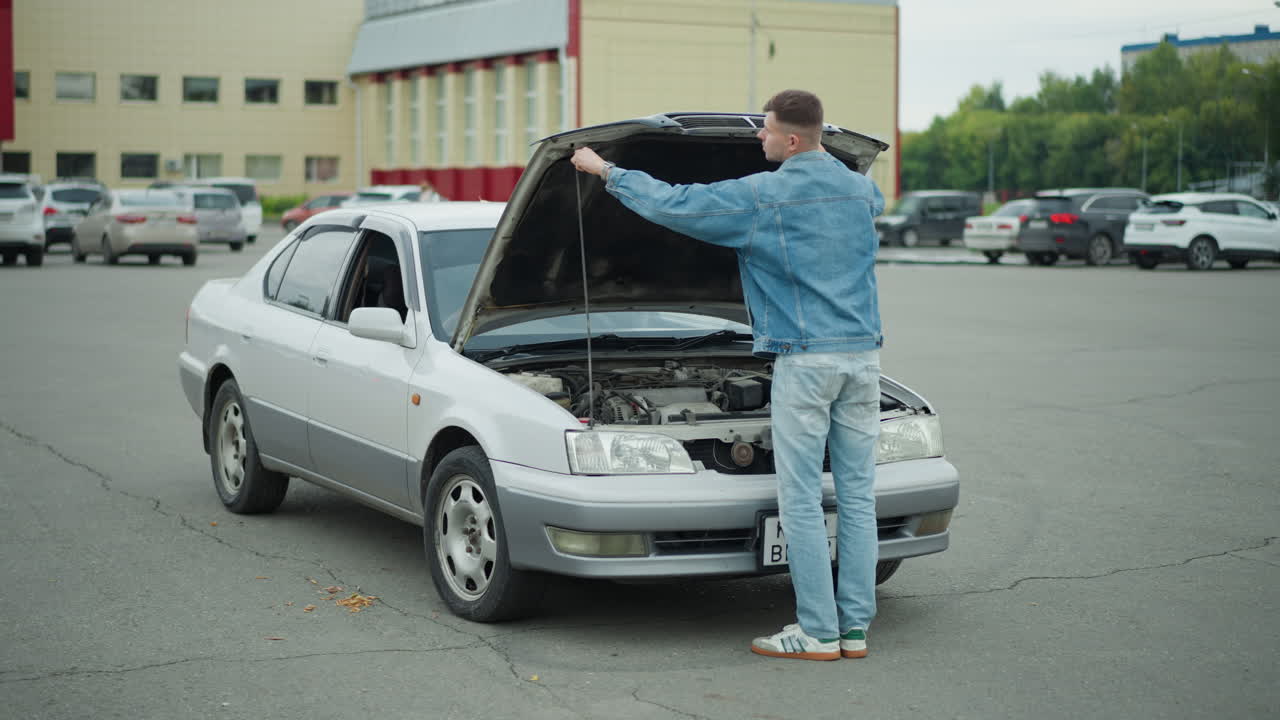 Un joven conductor caucásico inspecciona el motor de su coche en el parking de un centro comercial, abre el capó, mira dentro del compartimento del motor, comprueba la batería y el refrigerante, intenta hacer reparaciones básicas y muestra frustración y determinación.