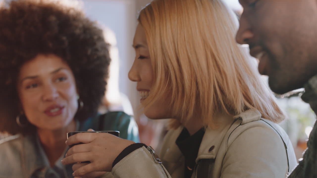 행복한 친구 그룹이 카페에서 채팅하고 대화를 나누고 커피를 마시고 사교를 즐기고 재미를 느끼며 레스토랑에서 만납니다.