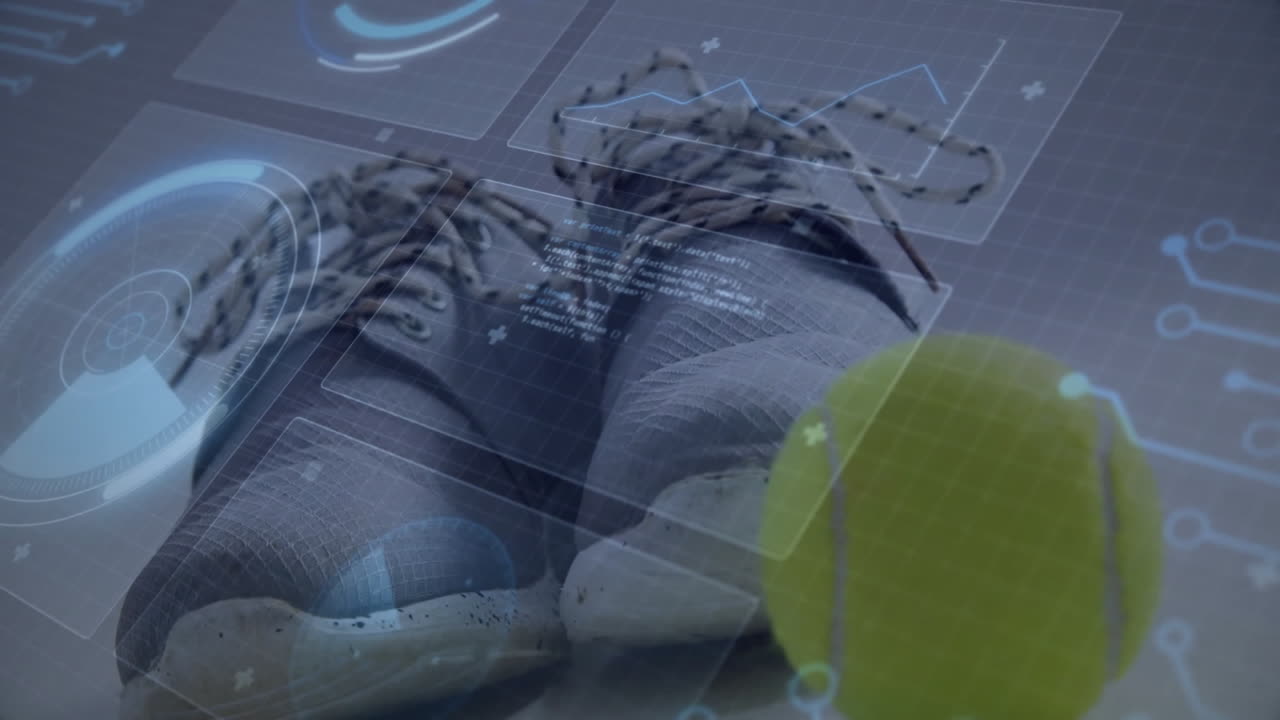 Flat design presenting top-down view of resting feet in sneakers with tennis ball and HUD overlays