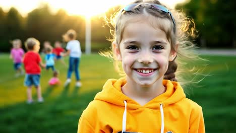 una niña sonríe brillantemente mientras juega en un parque con sus amigas.