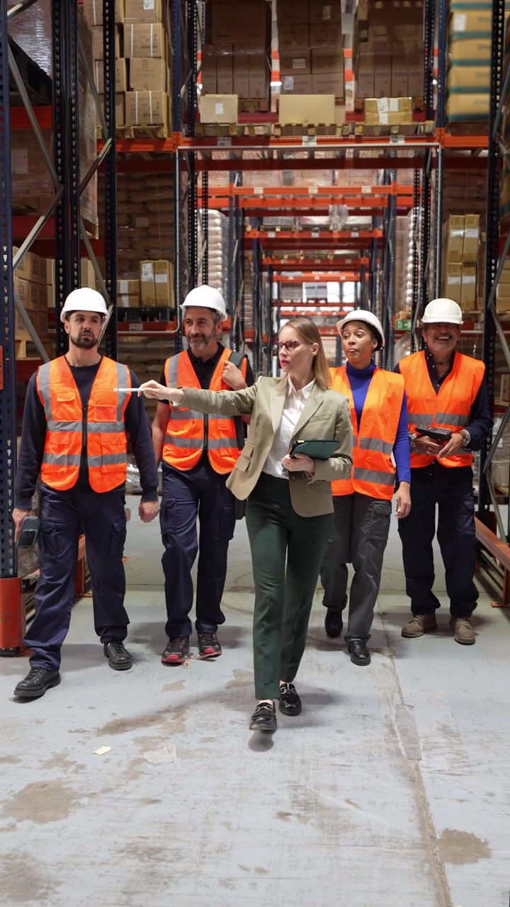 Warehouse Manager Leading a Team of Workers Through Storage Aisle