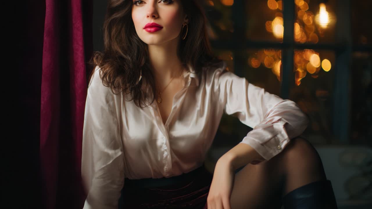 Elegant Portrait of a Woman in a Silk Shirt and Skirt with a Stylish Bokeh Background, Capturing a Glamorous and Mysterious Ambiance in Soft Lighting