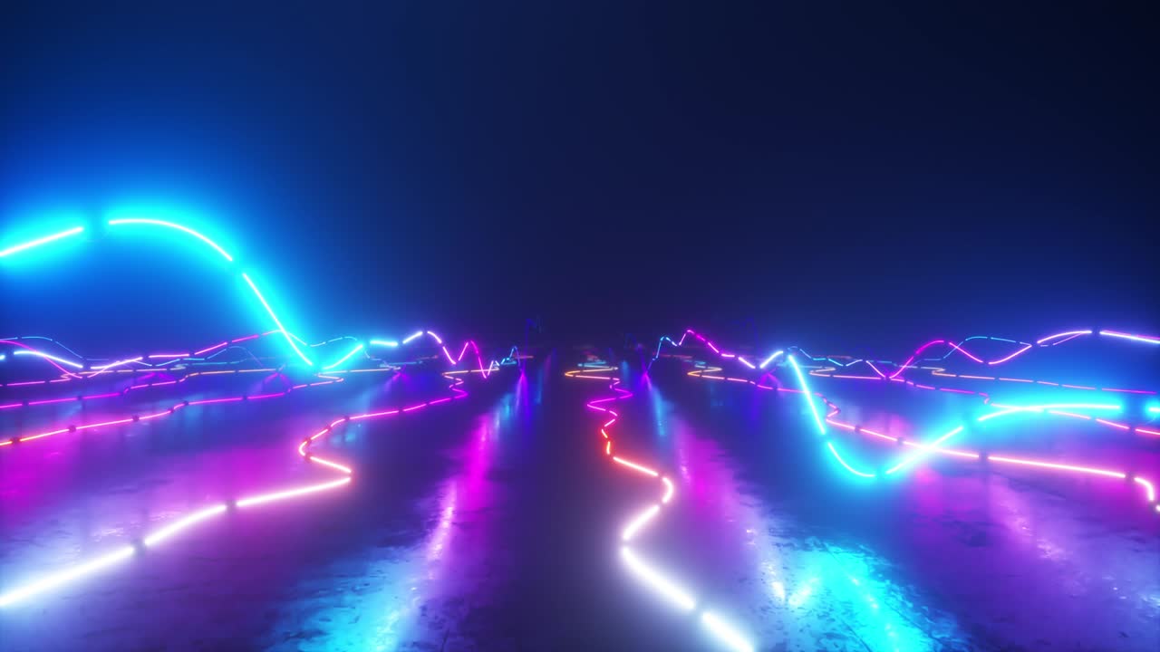 volando sobre un ecualizador gráfico de neón brillante y colorido. mundo de la música. espectro de señal ultravioleta, espectáculo de láser, energía, vibraciones de sonido y ondas.