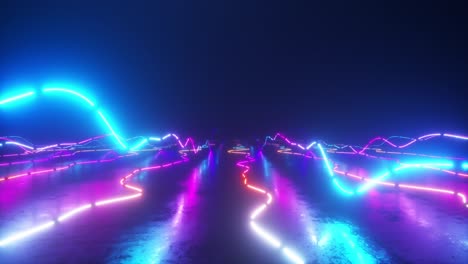 flying over a colorful bright neon glowing graphic equalizer. world of music. ultraviolet signal spectrum, laser show, energy, sound vibrations and waves.