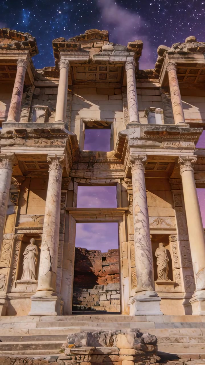 Video verticale: Mostra una facciata in pietra con colonne, statue e un portale tra le rovine, con stelle che si muovono.