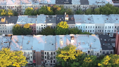 aerial view of a city neighborhood with rows of houses and trees