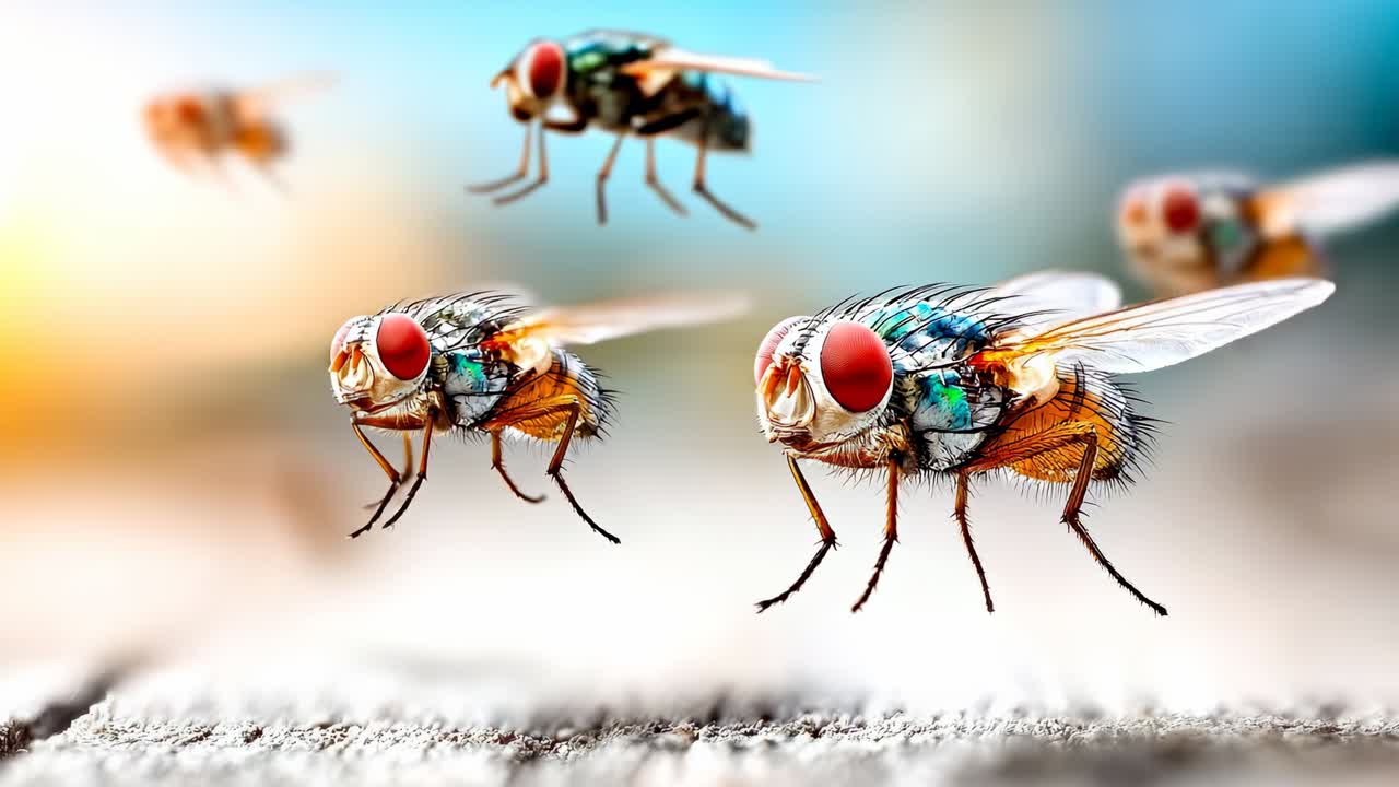 Gruppo di mosche domestiche che volano nell'aria macro. Primo piano estremo di diverse mosche con occhi rossi che volano contro uno sfondo esterno luminoso e sfocato.